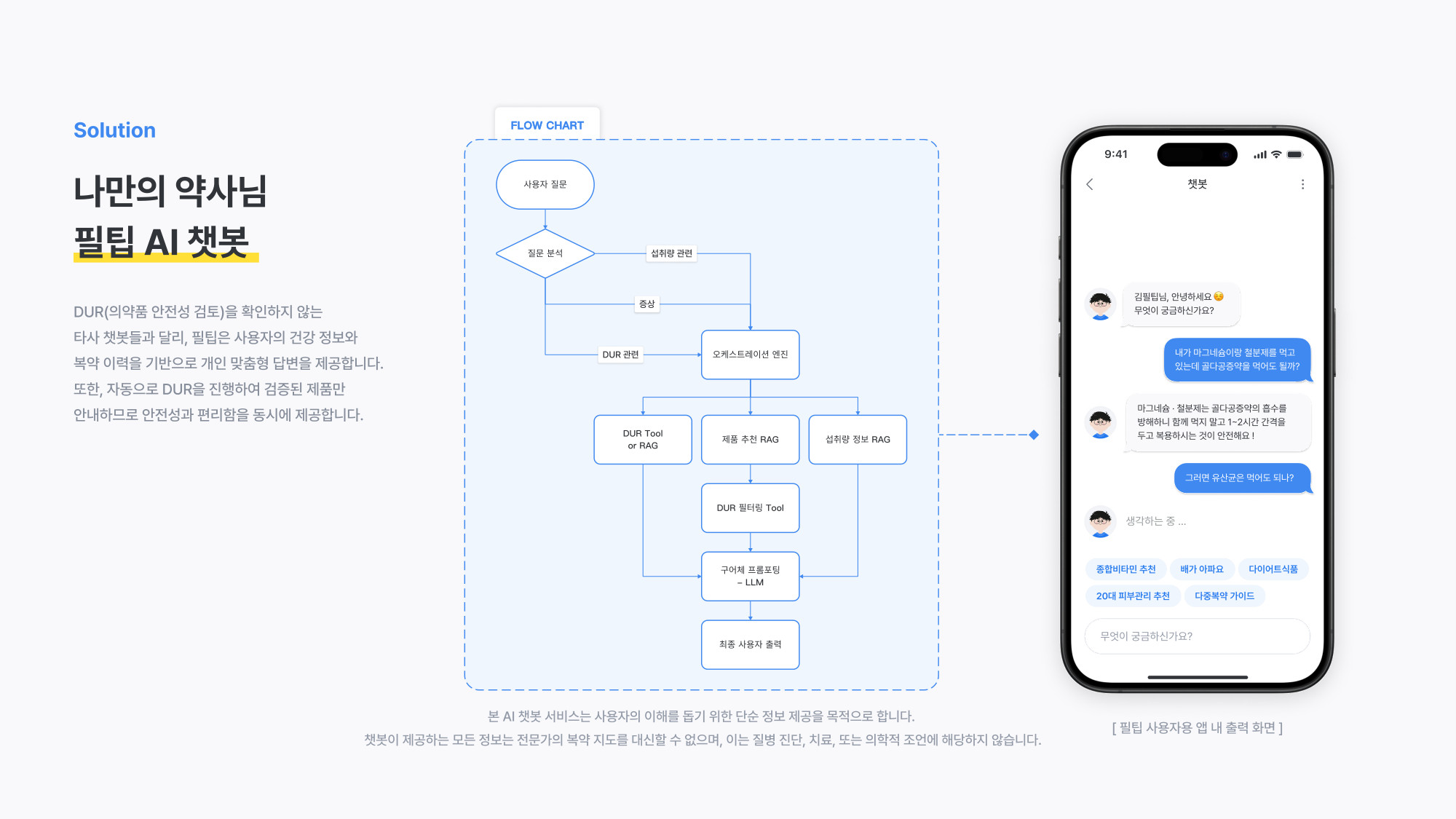 Pilltip의 질문 분석·RAG·DUR 도구를 연결하는 AI 챗봇 구조와 대화 화면